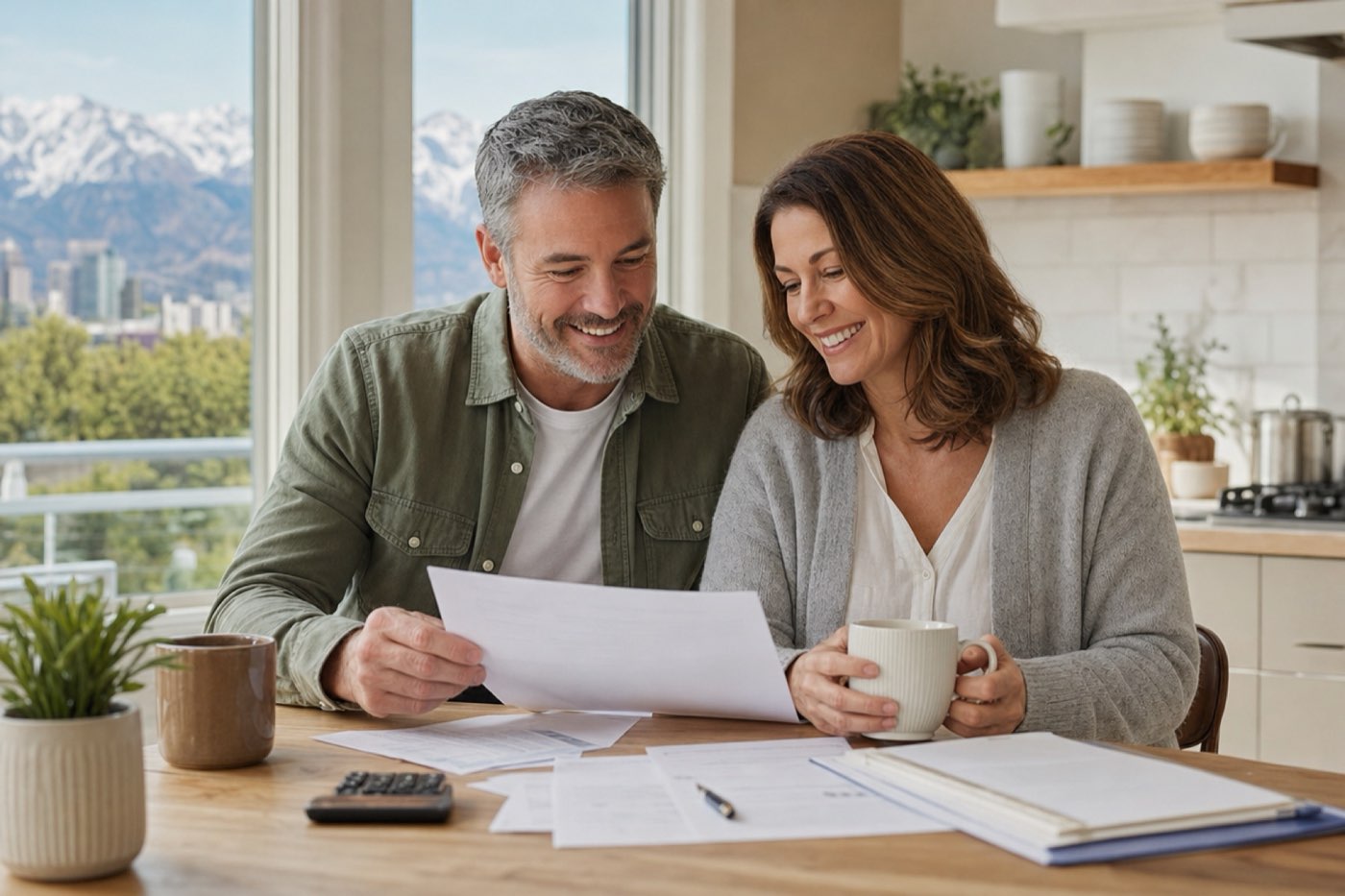 Smiling couple reviewing dental insurance paperwork at a kitchen table with mountains visible through the window