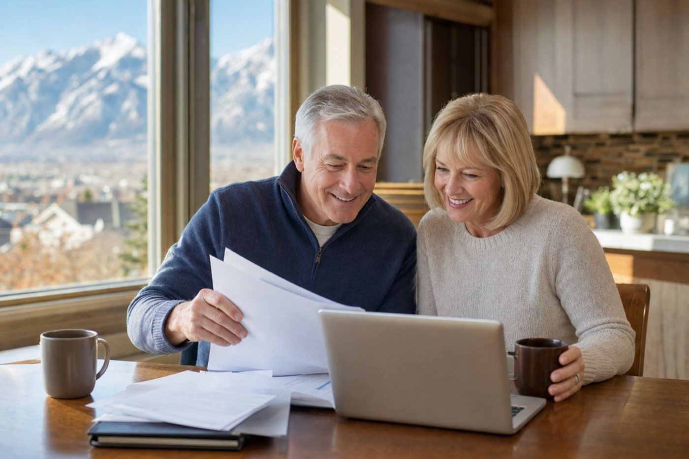 Smiling older couple reviewing health savings paperwork at a kitchen table with mountains outside the window