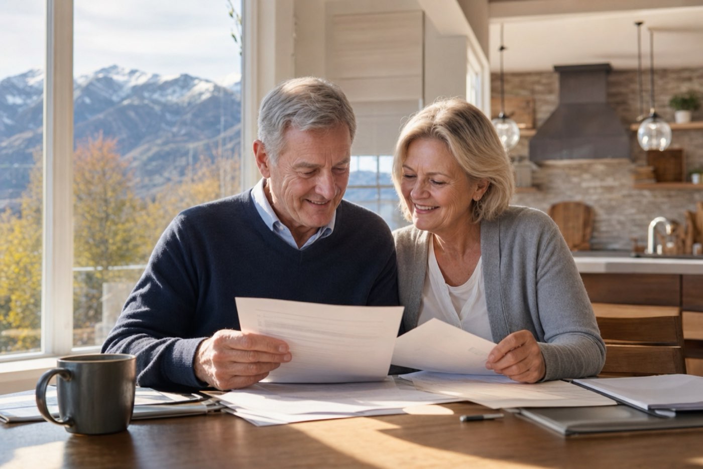 Smiling senior couple reviewing Medicare plan papers at a kitchen table with autumn mountains outside