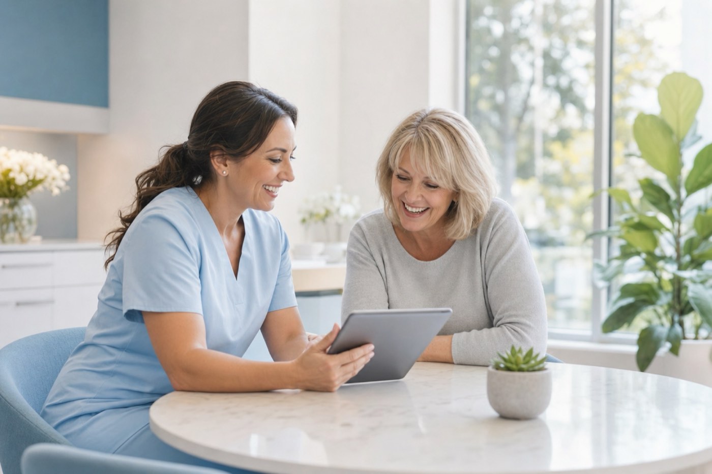 A dentist and a smiling woman talking over a tablet in a bright consultation room