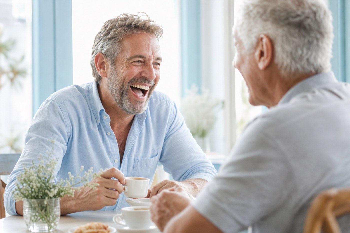 Two friends laughing over coffee at a bright cafe
