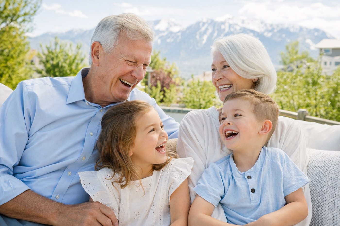 Grandparents laughing with their grandchildren in a Salt Lake City backyard