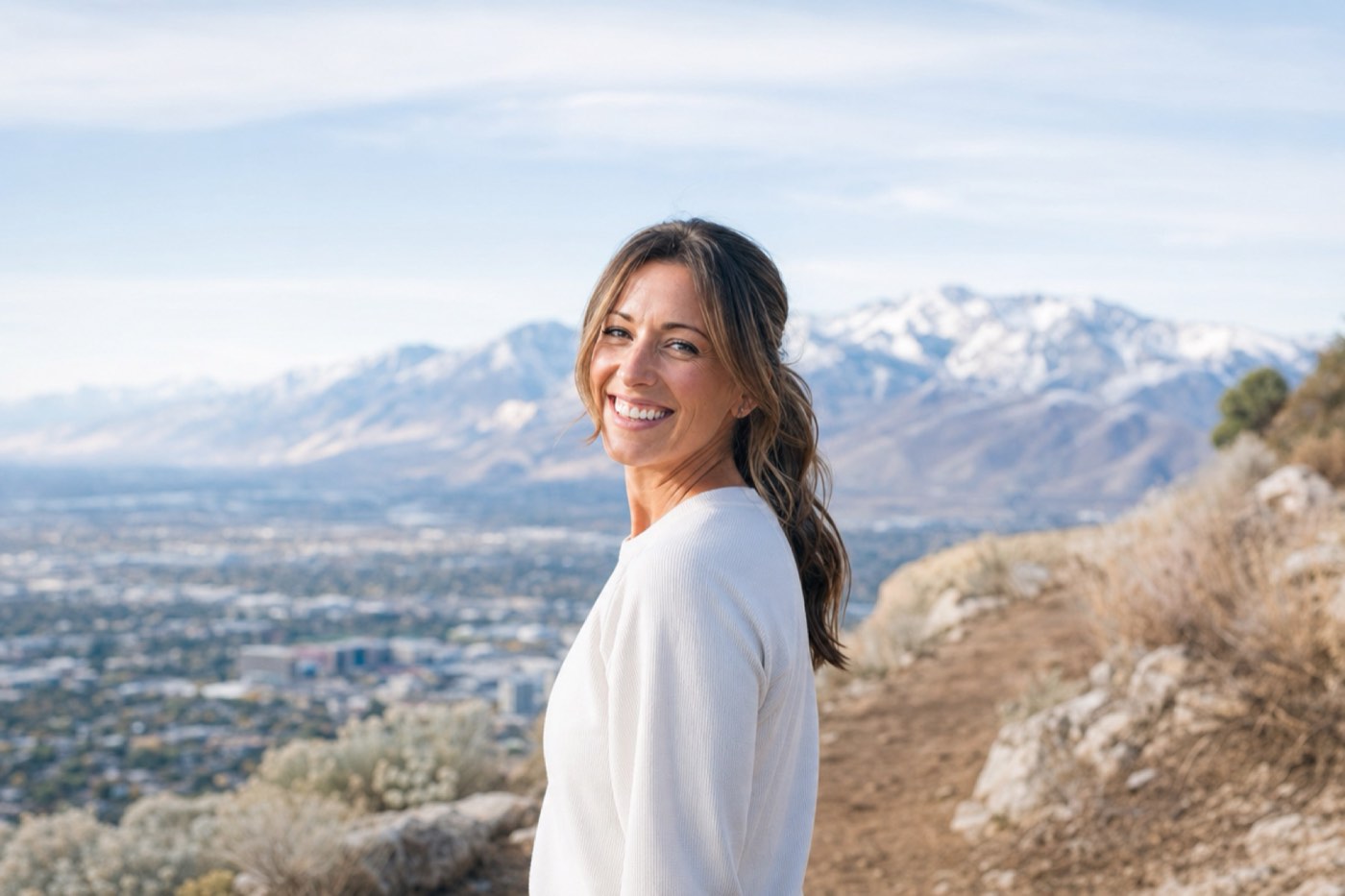 A woman smiling on a hiking trail above the Salt Lake Valley
